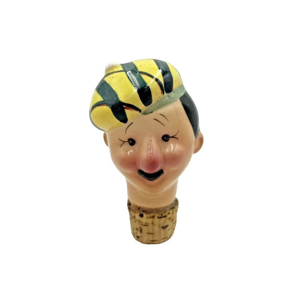 Vintage Man w/Yellow Golf Hat Ceramic Cork Liquor Bottle Stopper‎ Wine Pourer